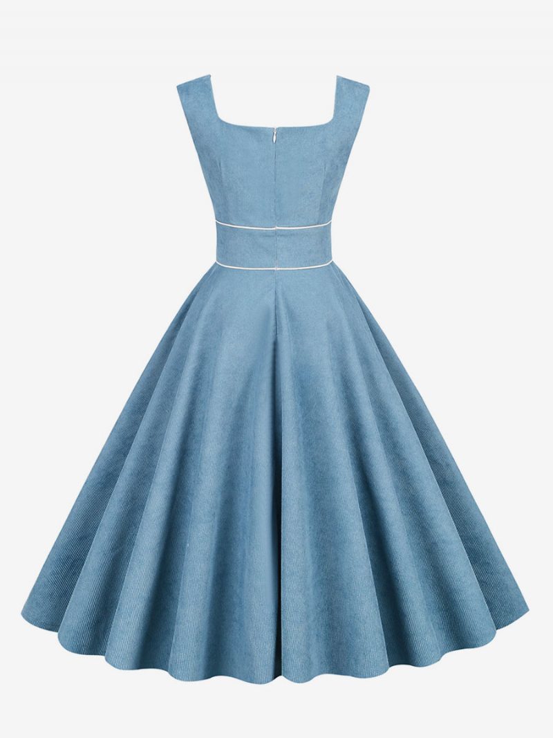 Damen-retro-kleid Im Audrey-hepburn-stil Der 1950er Jahre Babyblaue Paspelierung Ärmellos Quadratischer Ausschnitt Mittelgroßes Rockabilly-kleid - Babyblau