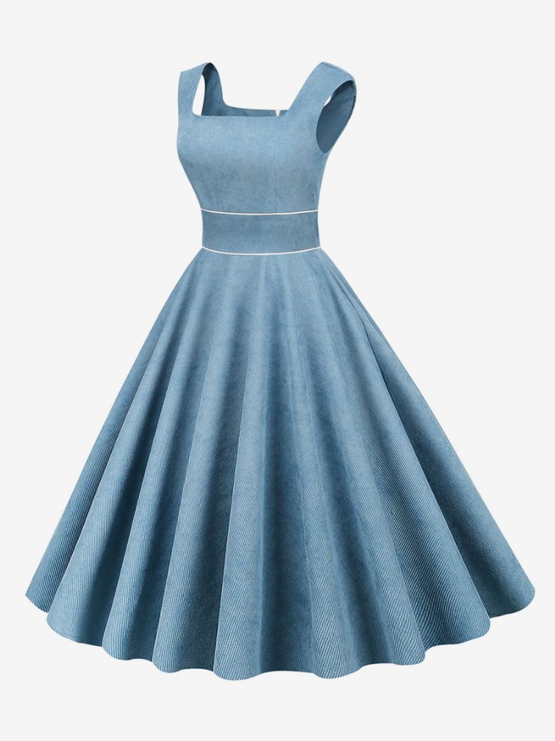 Damen-retro-kleid Im Audrey-hepburn-stil Der 1950er Jahre Babyblaue Paspelierung Ärmellos Quadratischer Ausschnitt Mittelgroßes Rockabilly-kleid - Babyblau