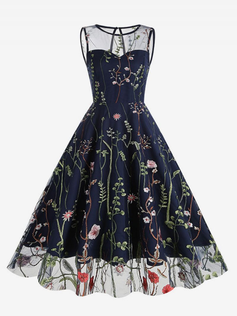 Damen-retro-kleid Im Audrey-hepburn-stil Der 1950er Jahre Blaues Blumenmuster Durchscheinend Bestickt Ärmellos Rockabilly-kleid Mit Juwelenausschnitt