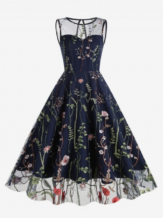 Damen-retro-kleid Im Audrey-hepburn-stil Der 1950er Jahre Blaues Blumenmuster Durchscheinend Bestickt Ärmellos Rockabilly-kleid Mit Juwelenausschnitt