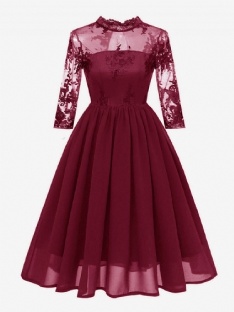 Damen-retro-kleid Im Audrey-hepburn-stil Der 1950er Jahre Burgunderrot 3/4-ärmel Chiffon-spitze Rockabilly-kleid Retro-kleid