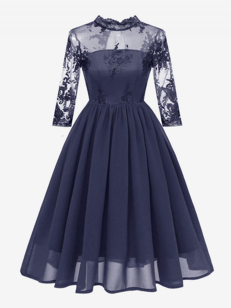 Damen-retro-kleid Im Audrey-hepburn-stil Der 1950er Jahre Burgunderrot 3/4-ärmel Chiffon-spitze Rockabilly-kleid Retro-kleid - Dunkles Marineblau