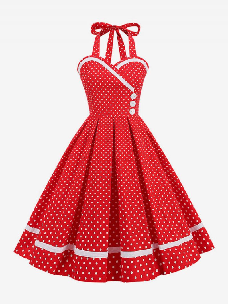 Damen-retro-kleid Im Audrey-hepburn-stil Der 1950er-jahre Burgunderrot Mehrlagige Knöpfe Ärmellos Herzförmiger Ausschnitt Swing-kleid - Rot