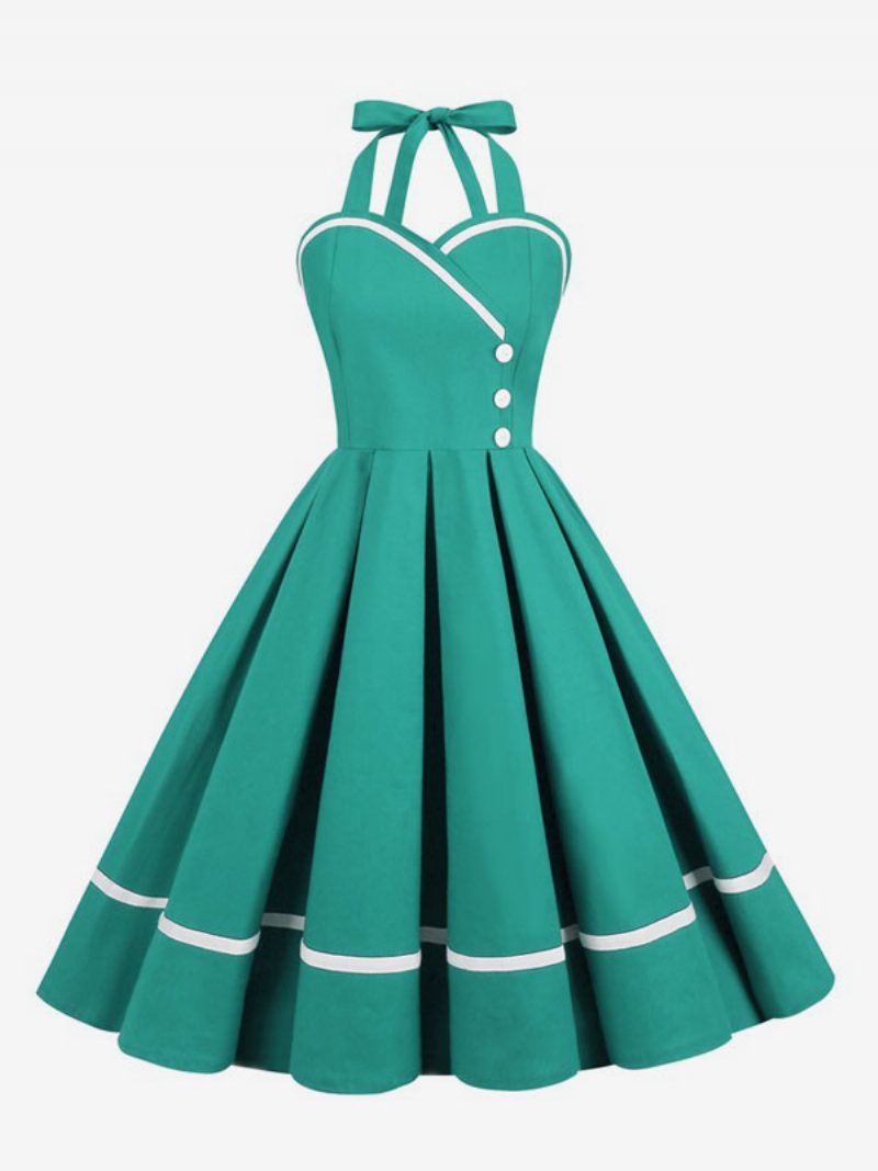 Damen-retro-kleid Im Audrey-hepburn-stil Der 1950er-jahre Burgunderrot Mehrlagige Knöpfe Ärmellos Herzförmiger Ausschnitt Swing-kleid - Aquamarin