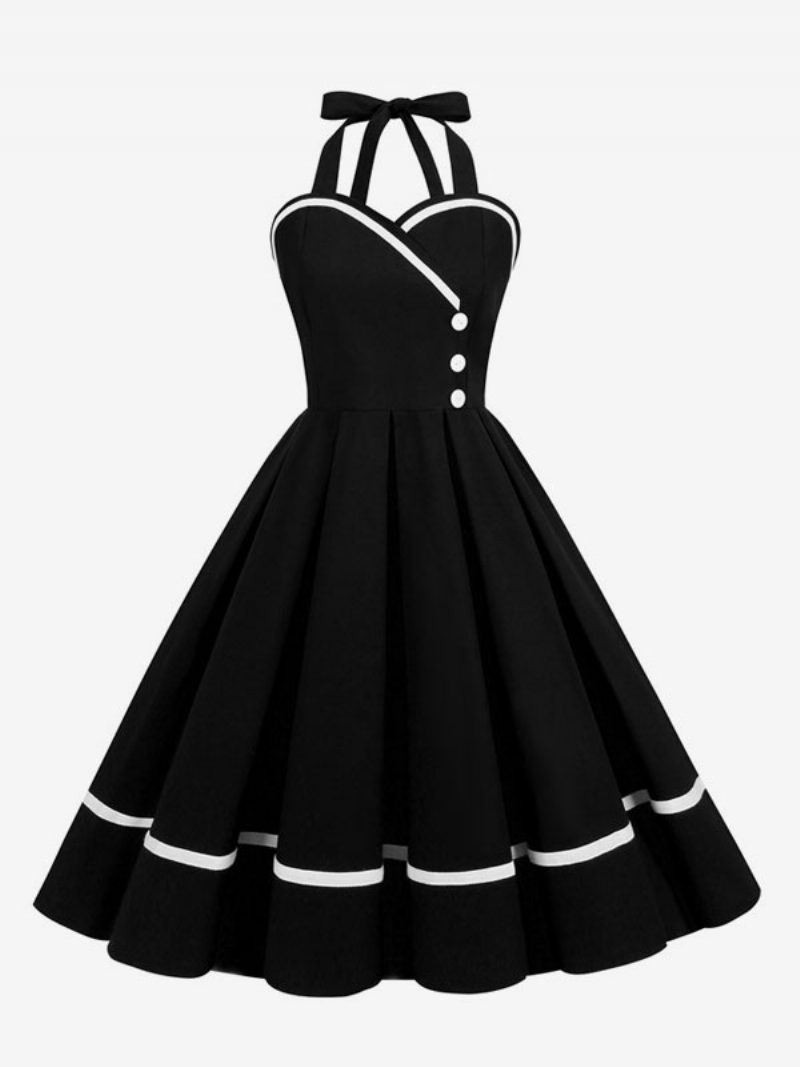 Damen-retro-kleid Im Audrey-hepburn-stil Der 1950er-jahre Burgunderrot Mehrlagige Knöpfe Ärmellos Herzförmiger Ausschnitt Swing-kleid - Schwarz