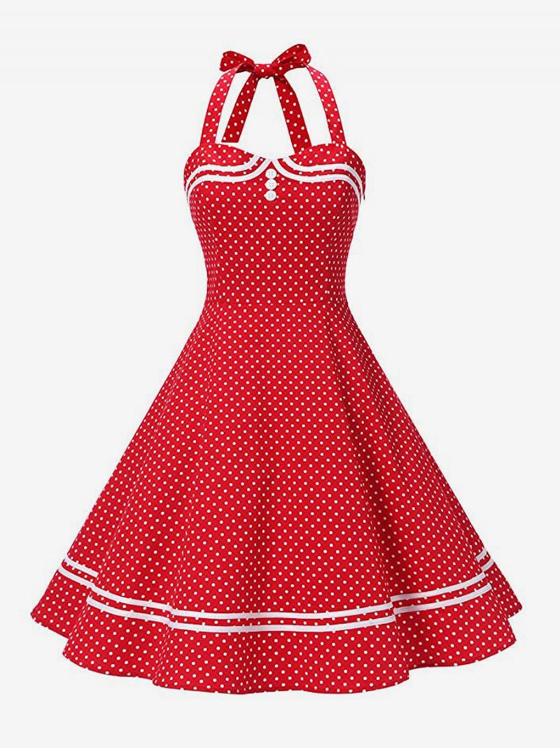 Damen-retro-kleid Im Audrey-hepburn-stil Der 1950er Jahre Gelb Kariert Rückenfrei Knöpfe Ärmellos Herzförmiger Ausschnitt Mittleres Rockabilly-kleid - Rot