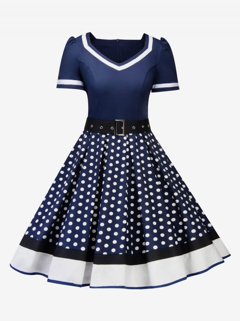 Damen-retro-kleid Im Audrey-hepburn-stil Der 1950er Jahre Grüner Blumendruck Geschichtete Schärpe Kurze Ärmel Swing-kleid Mit V-ausschnitt - Dunkles Marineblau