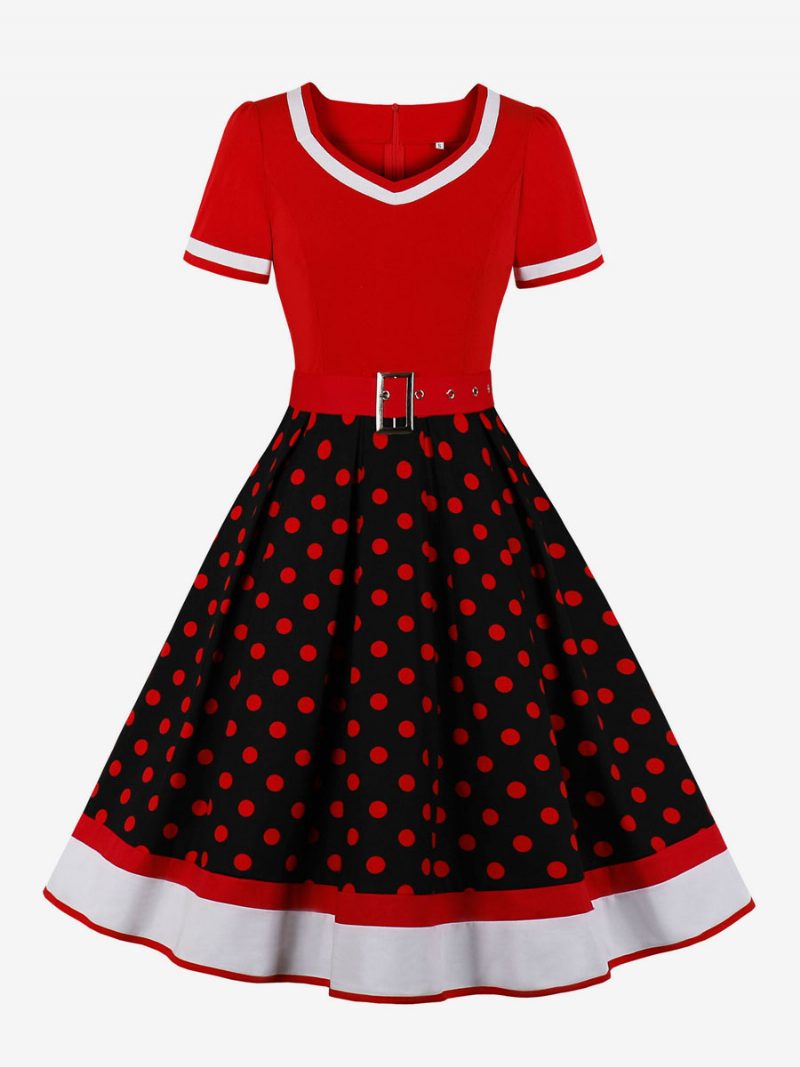 Damen-retro-kleid Im Audrey-hepburn-stil Der 1950er Jahre Grüner Blumendruck Geschichtete Schärpe Kurze Ärmel Swing-kleid Mit V-ausschnitt - Rot