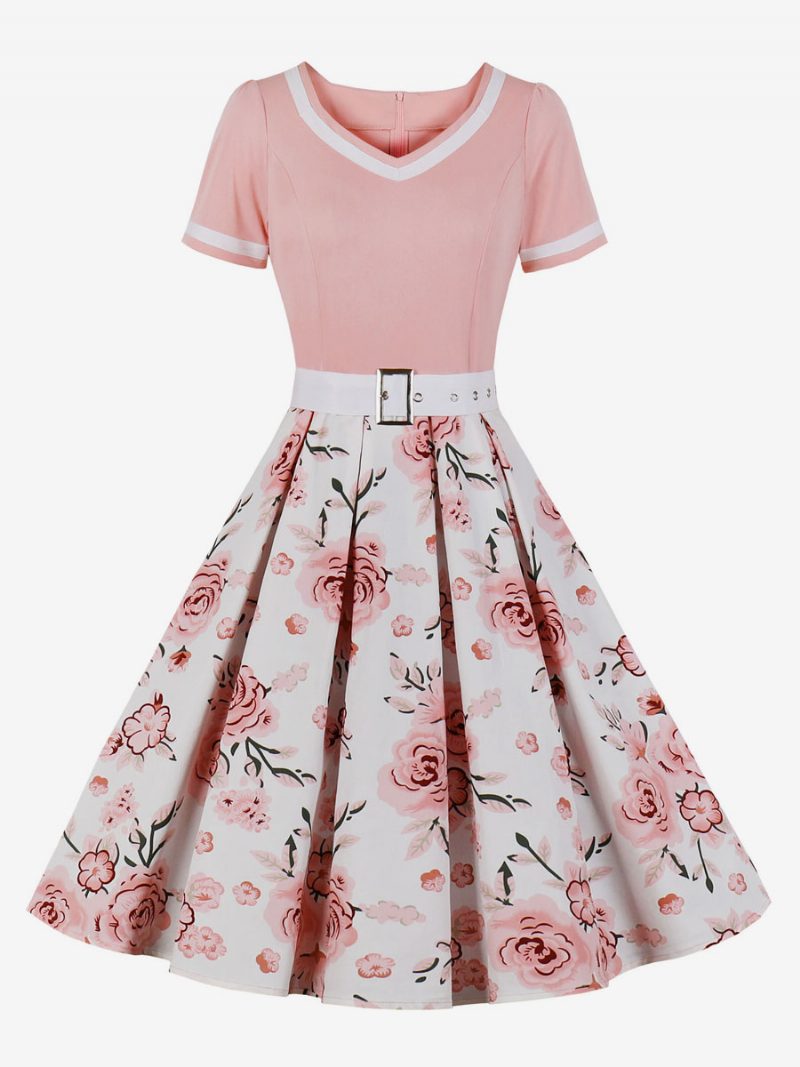 Damen-retro-kleid Im Audrey-hepburn-stil Der 1950er Jahre Grüner Blumendruck Geschichtete Schärpe Kurze Ärmel Swing-kleid Mit V-ausschnitt - Rosa