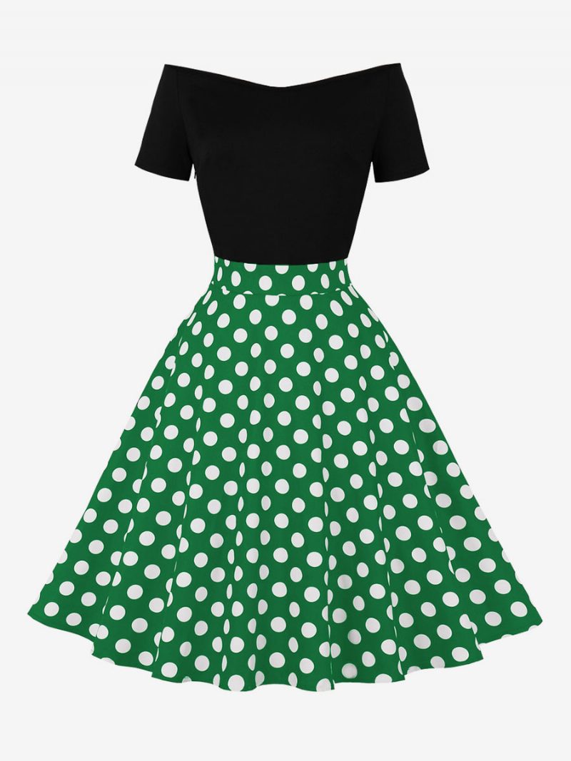 Damen-retro-kleid Im Audrey-hepburn-stil Der 1950er-jahre Juwelenhals Kurze Ärmel Knielanges Gepunktetes Rockabilly-kleid - Grün