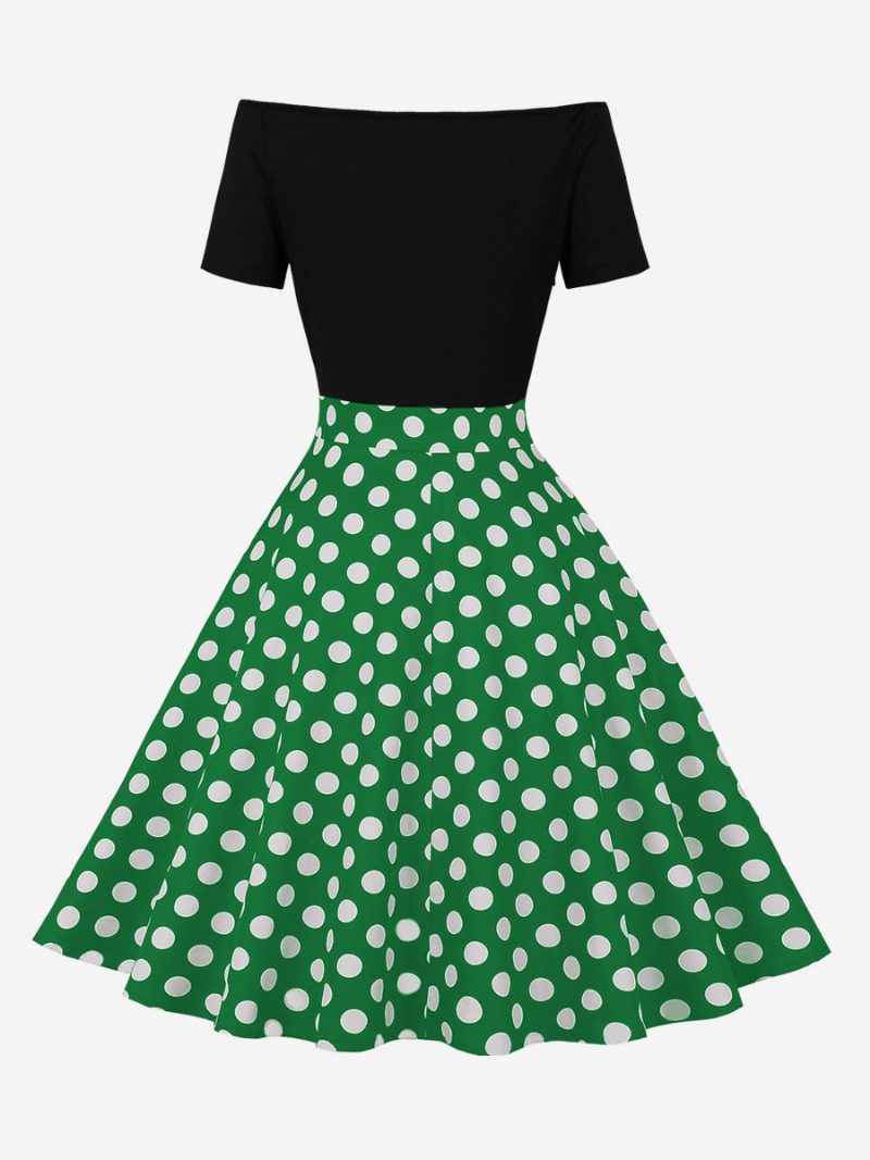 Damen-retro-kleid Im Audrey-hepburn-stil Der 1950er-jahre Juwelenhals Kurze Ärmel Knielanges Gepunktetes Rockabilly-kleid - Grün