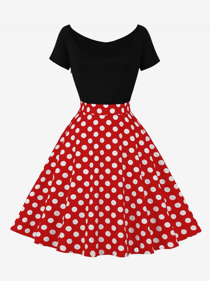 Damen-retro-kleid Im Audrey-hepburn-stil Der 1950er-jahre Juwelenhals Kurze Ärmel Knielanges Gepunktetes Rockabilly-kleid - Rot