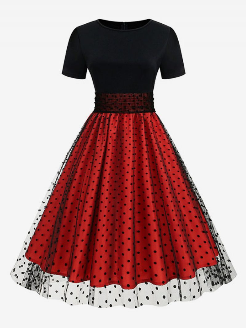 Damen-retro-kleid Im Audrey-hepburn-stil Der 1950er-jahre Mit Juwelenausschnitt Mehrlagig Kurze Ärmel Mittleres Gepunktetes Rockabilly-kleid - Rot