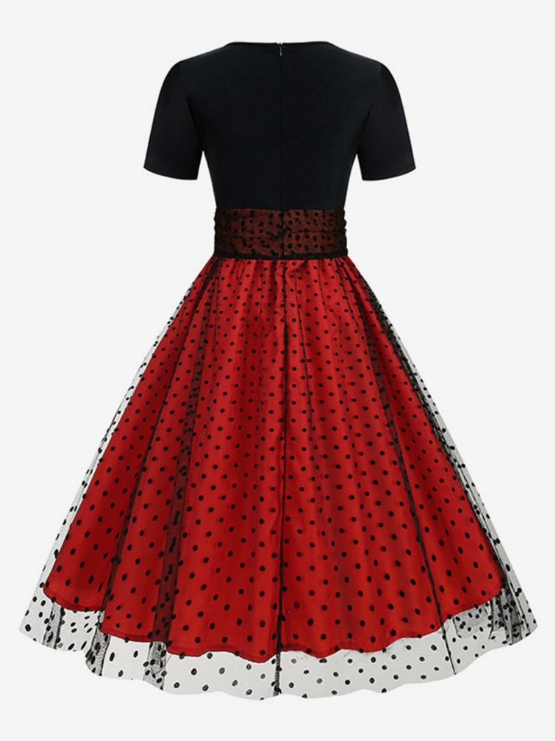 Damen-retro-kleid Im Audrey-hepburn-stil Der 1950er-jahre Mit Juwelenausschnitt Mehrlagig Kurze Ärmel Mittleres Gepunktetes Rockabilly-kleid - Rot