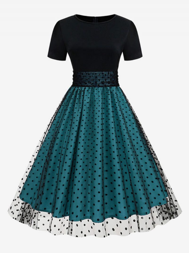 Damen-retro-kleid Im Audrey-hepburn-stil Der 1950er-jahre Mit Juwelenausschnitt Mehrlagig Kurze Ärmel Mittleres Gepunktetes Rockabilly-kleid - Blau