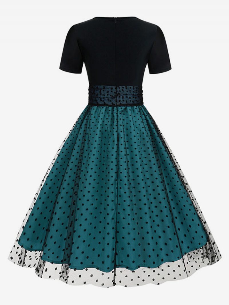 Damen-retro-kleid Im Audrey-hepburn-stil Der 1950er-jahre Mit Juwelenausschnitt Mehrlagig Kurze Ärmel Mittleres Gepunktetes Rockabilly-kleid - Blau