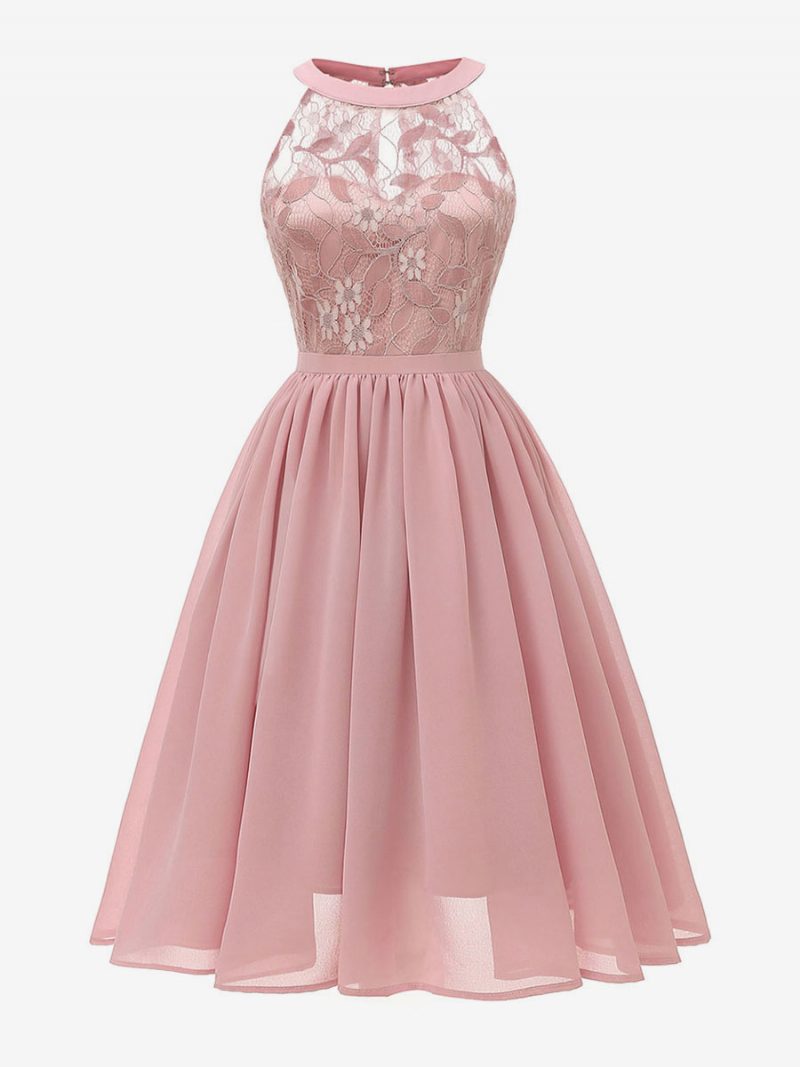 Damen-retro-kleid Im Audrey-hepburn-stil Der 1950er Jahre Rosa Ärmelloses Swing-kleid Mit Spitze Und Juwelenausschnitt