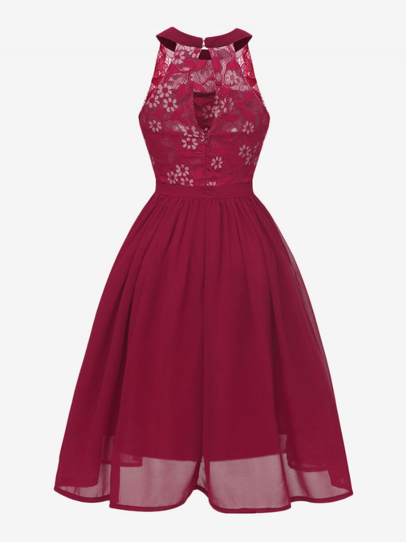 Damen-retro-kleid Im Audrey-hepburn-stil Der 1950er Jahre Rosa Ärmelloses Swing-kleid Mit Spitze Und Juwelenausschnitt - Burgund