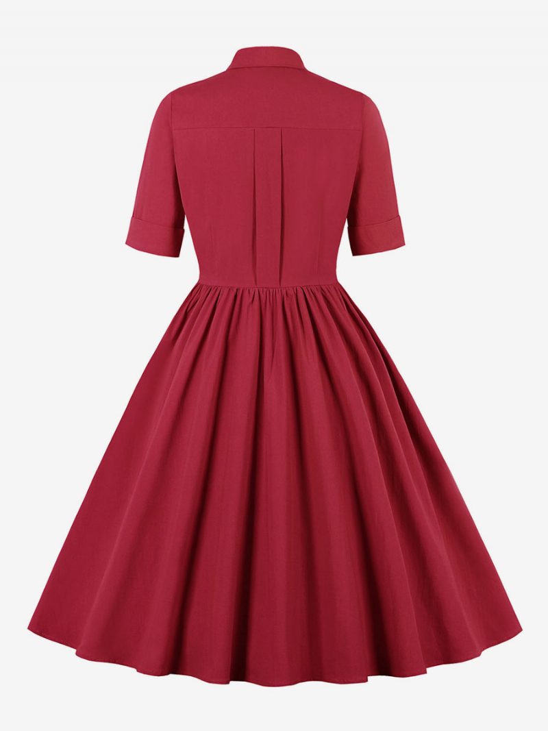 Damen-retro-kleid Im Audrey-hepburn-stil Der 1950er Jahre Schwarz Kurze Ärmel Umlegekragen Swing-kleid - Burgund