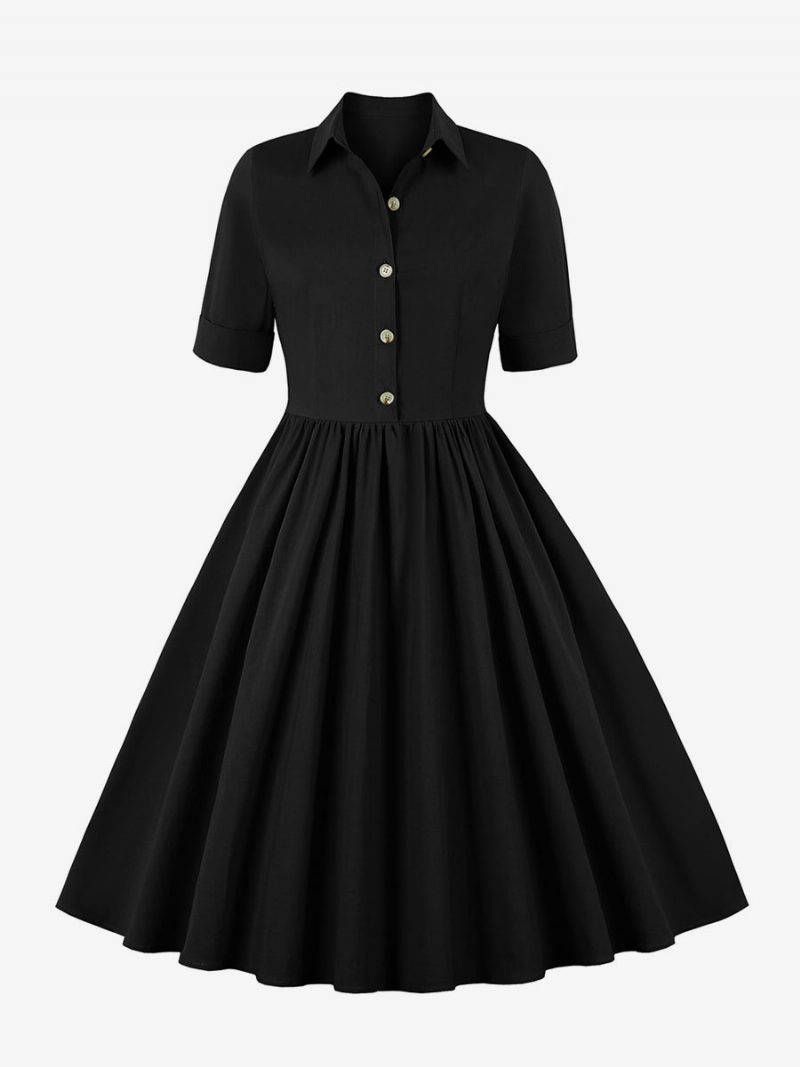 Damen-retro-kleid Im Audrey-hepburn-stil Der 1950er Jahre Schwarz Kurze Ärmel Umlegekragen Swing-kleid - Schwarz