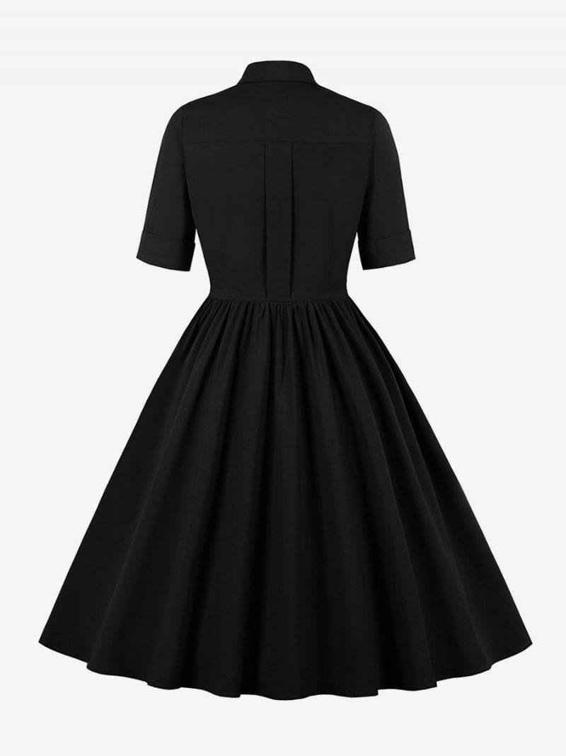 Damen-retro-kleid Im Audrey-hepburn-stil Der 1950er Jahre Schwarz Kurze Ärmel Umlegekragen Swing-kleid - Schwarz