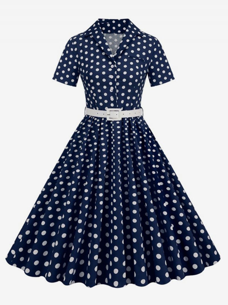 Damen-retro-kleid Im Audrey-hepburn-stil Der 1950er-jahre Umlegekragen Knöpfe Kurze Ärmel Gepunktetes Swing-kleid - Dunkles Marineblau