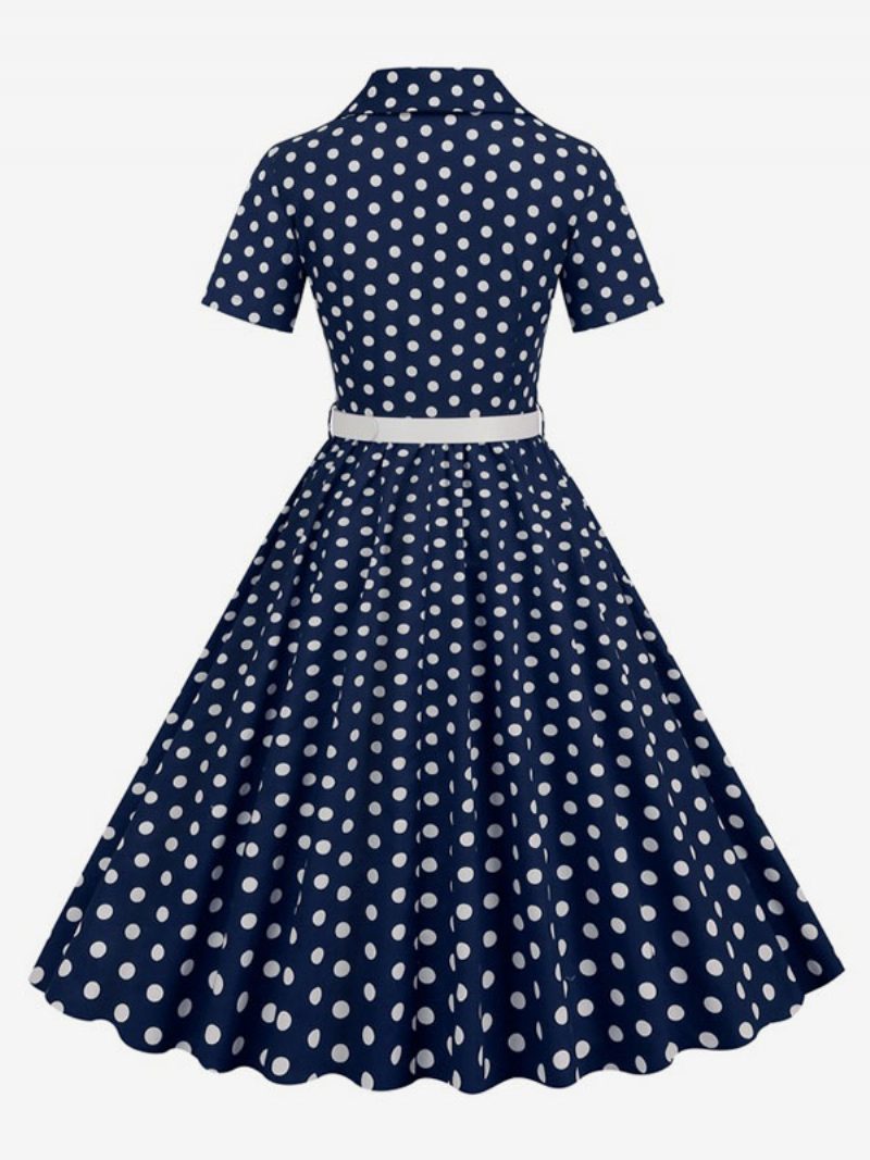 Damen-retro-kleid Im Audrey-hepburn-stil Der 1950er-jahre Umlegekragen Knöpfe Kurze Ärmel Gepunktetes Swing-kleid - Dunkles Marineblau