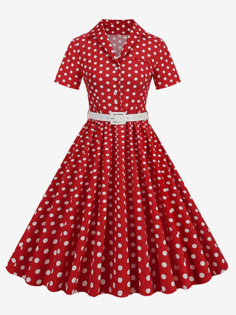 Damen-retro-kleid Im Audrey-hepburn-stil Der 1950er-jahre Umlegekragen Knöpfe Kurze Ärmel Gepunktetes Swing-kleid - Rot