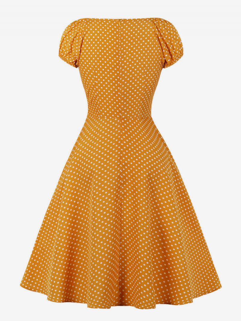 Damen-retro-kleid Im Audrey-hepburn-stil Der 1950er-jahre V-ausschnitt Geknotete Kurze Ärmel Gepunktetes Midi-swing-kleid - Orange