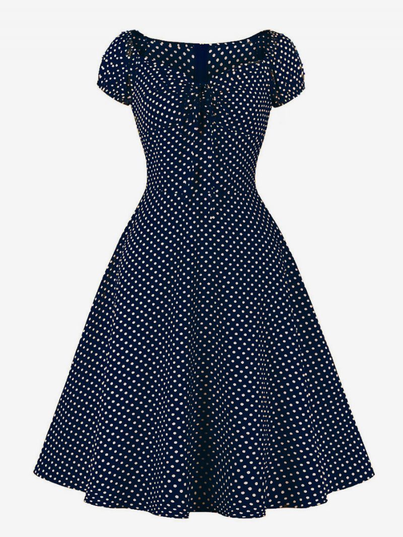 Damen-retro-kleid Im Audrey-hepburn-stil Der 1950er-jahre V-ausschnitt Geknotete Kurze Ärmel Gepunktetes Midi-swing-kleid - Tiefblau