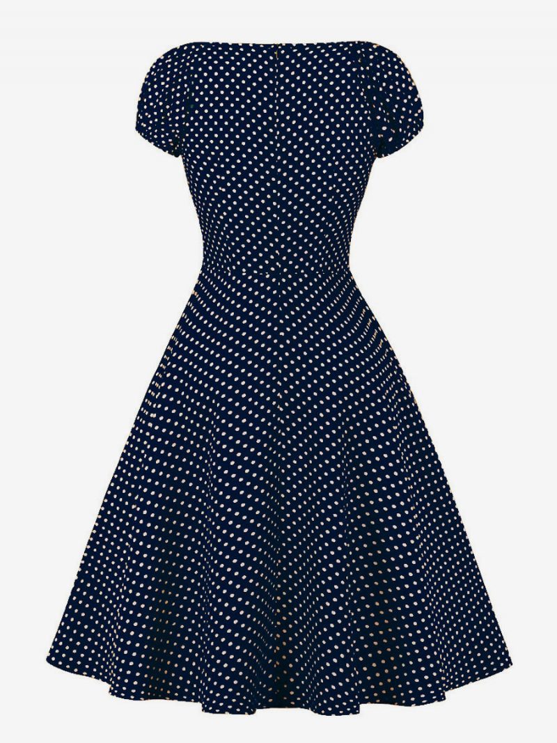 Damen-retro-kleid Im Audrey-hepburn-stil Der 1950er-jahre V-ausschnitt Geknotete Kurze Ärmel Gepunktetes Midi-swing-kleid - Tiefblau