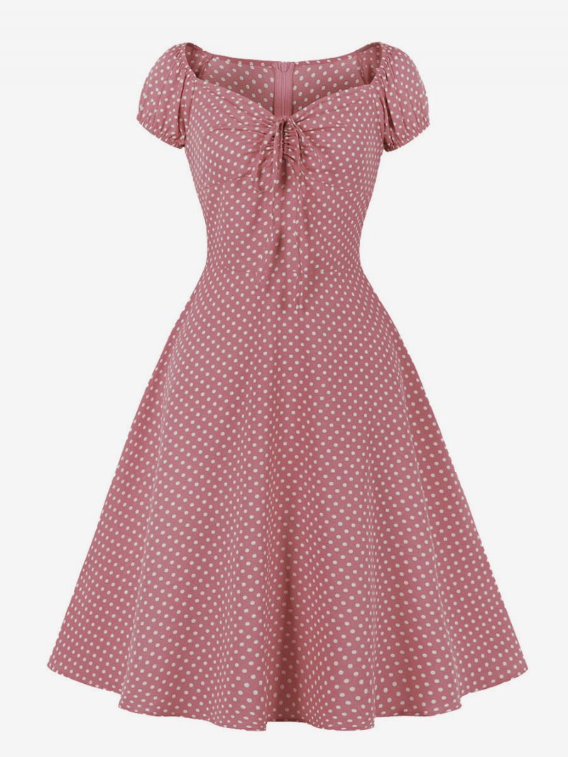 Damen-retro-kleid Im Audrey-hepburn-stil Der 1950er-jahre V-ausschnitt Geknotete Kurze Ärmel Gepunktetes Midi-swing-kleid - Rosa