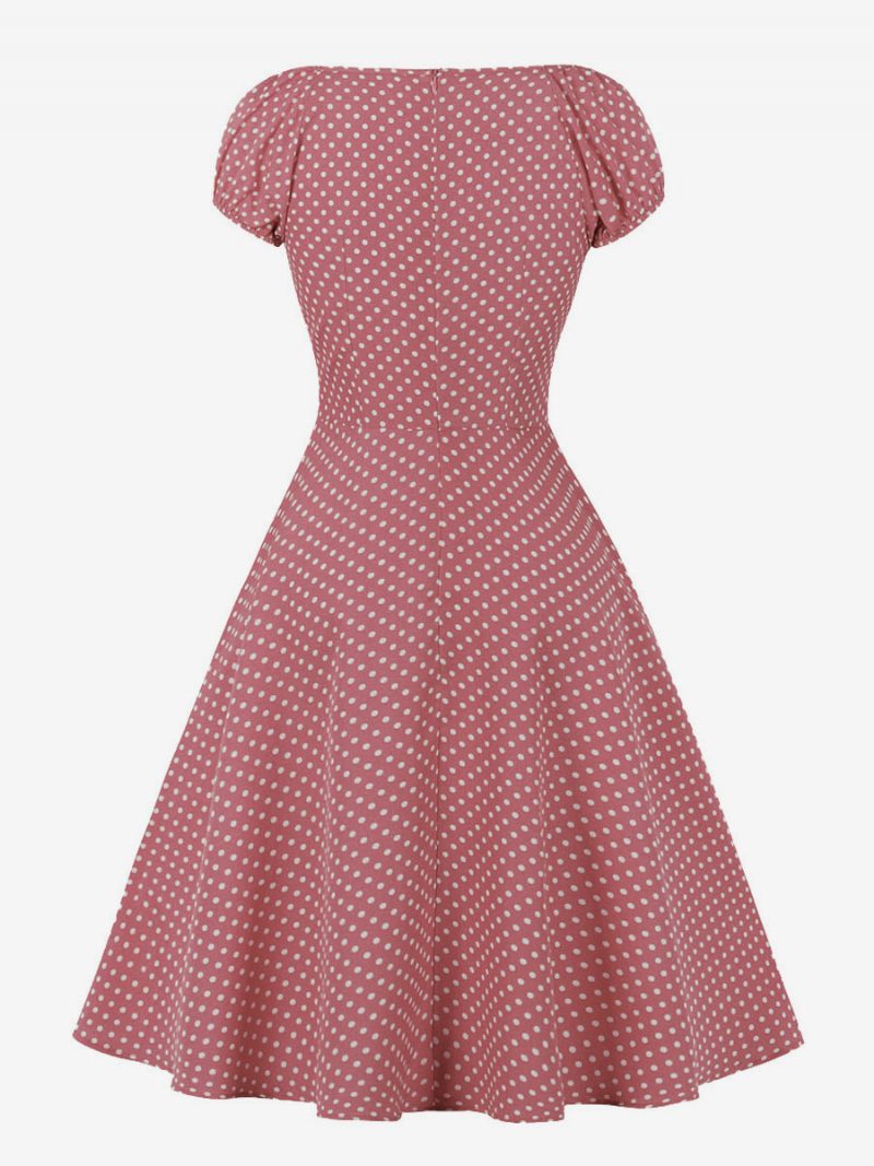 Damen-retro-kleid Im Audrey-hepburn-stil Der 1950er-jahre V-ausschnitt Geknotete Kurze Ärmel Gepunktetes Midi-swing-kleid - Rosa