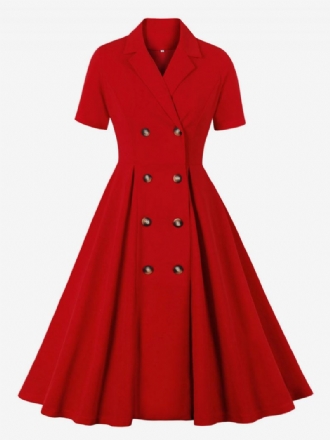 Damen-retro-kleid Im Audrey-hepburn-stil Der 1950er-jahre V-ausschnitt Knöpfe Geschichtet Kurze Ärmel Langes Rockabilly-kleid