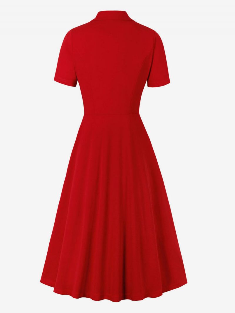 Damen-retro-kleid Im Audrey-hepburn-stil Der 1950er-jahre V-ausschnitt Knöpfe Geschichtet Kurze Ärmel Langes Rockabilly-kleid - Rot