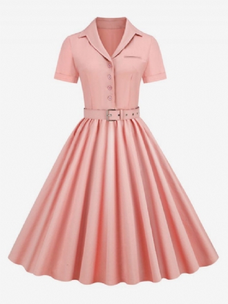 Damen-retro-kleid Im Audrey-hepburn-stil Der 1950er-jahre V-ausschnitt Knöpfe Geschichtet Kurze Ärmel Mittleres Rockabilly-kleid