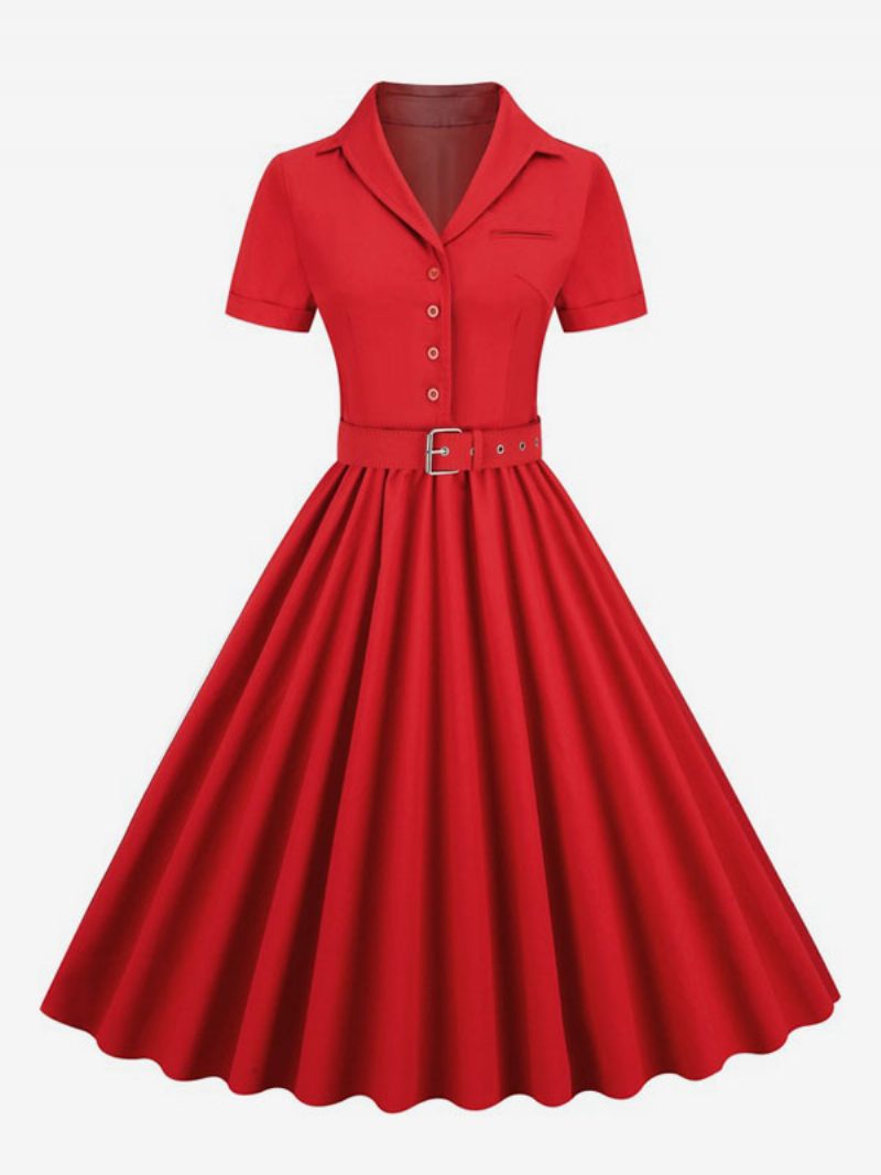 Damen-retro-kleid Im Audrey-hepburn-stil Der 1950er-jahre V-ausschnitt Knöpfe Geschichtet Kurze Ärmel Mittleres Rockabilly-kleid - Rot