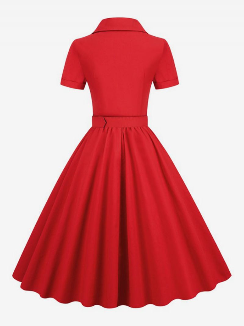 Damen-retro-kleid Im Audrey-hepburn-stil Der 1950er-jahre V-ausschnitt Knöpfe Geschichtet Kurze Ärmel Mittleres Rockabilly-kleid - Rot