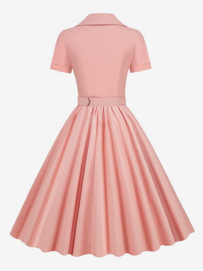 Damen-retro-kleid Im Audrey-hepburn-stil Der 1950er-jahre V-ausschnitt Knöpfe Geschichtet Kurze Ärmel Mittleres Rockabilly-kleid - Rosa