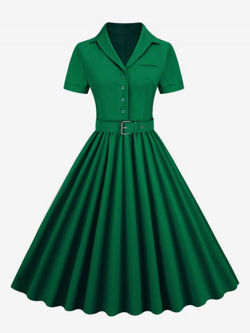 Damen-retro-kleid Im Audrey-hepburn-stil Der 1950er-jahre V-ausschnitt Knöpfe Geschichtet Kurze Ärmel Mittleres Rockabilly-kleid - Dunkelgrün