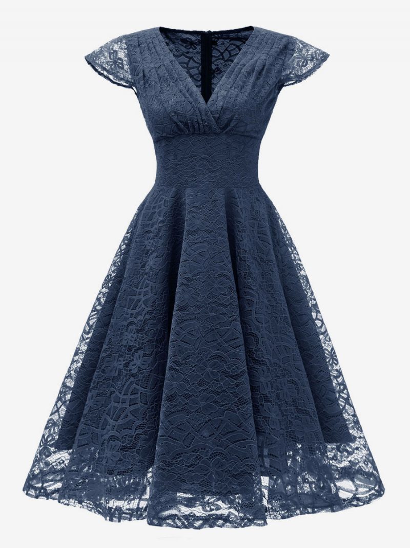 Damen-retro-kleid Im Stil Der 1950er-jahre V-ausschnitt Kurze Ärmel Burgunderrot Mittleres Rockabilly-kleid - Dunkles Marineblau