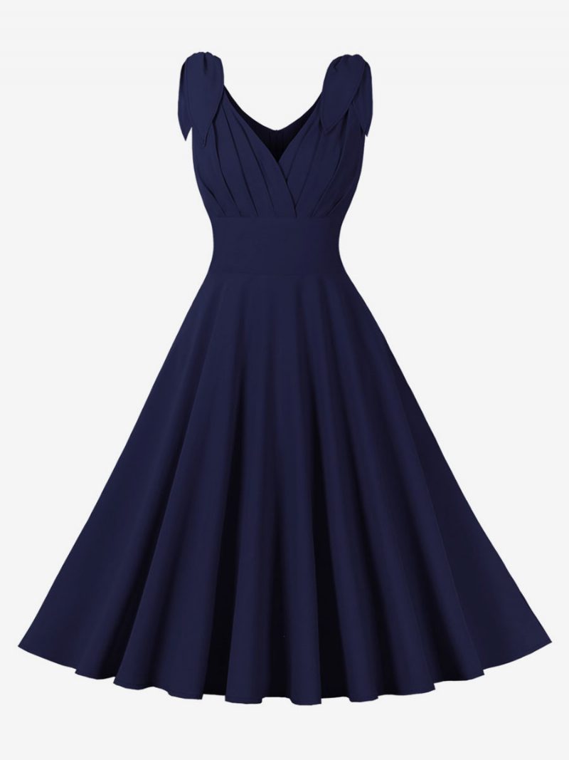 Damen Vintage Kleid 1950er Jahre Audrey Hepburn Stil Blaues Ärmelloses Swingkleid Mit V-ausschnitt - Dunkles Marineblau