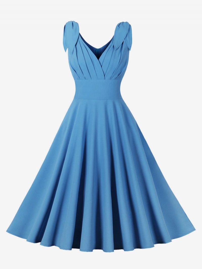 Damen Vintage Kleid 1950er Jahre Audrey Hepburn Stil Blaues Ärmelloses Swingkleid Mit V-ausschnitt - Helles Himmelblau