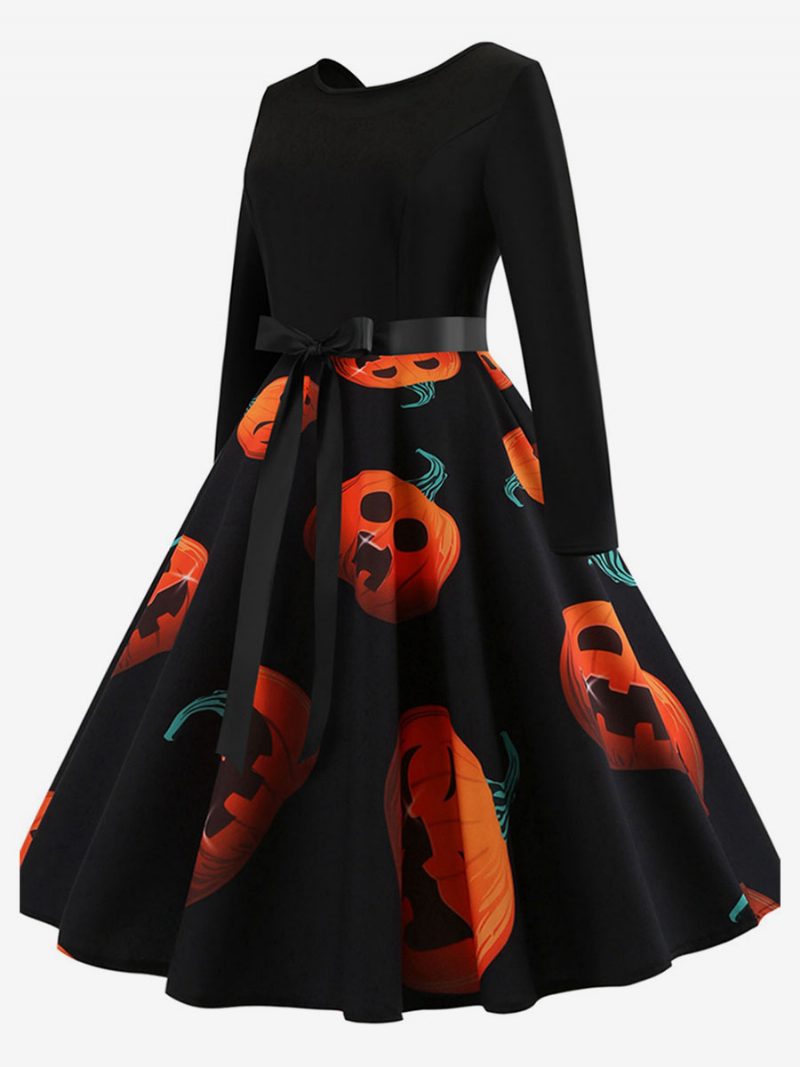 Damen Vintage Kleid 1950er Jahre Audrey Hepburn Style Swing Bedrucktes Langarm Retro - Orange