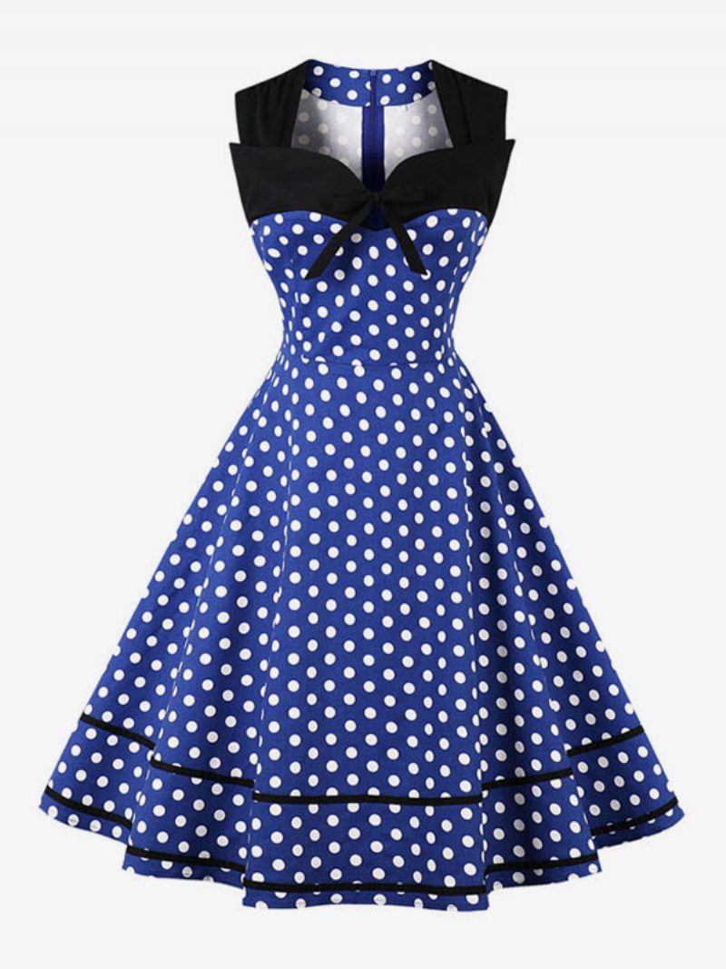 Damen Vintage-kleid Gepunktet Schleifen Herzförmig Ärmellos Swing-sommerkleid - Blau