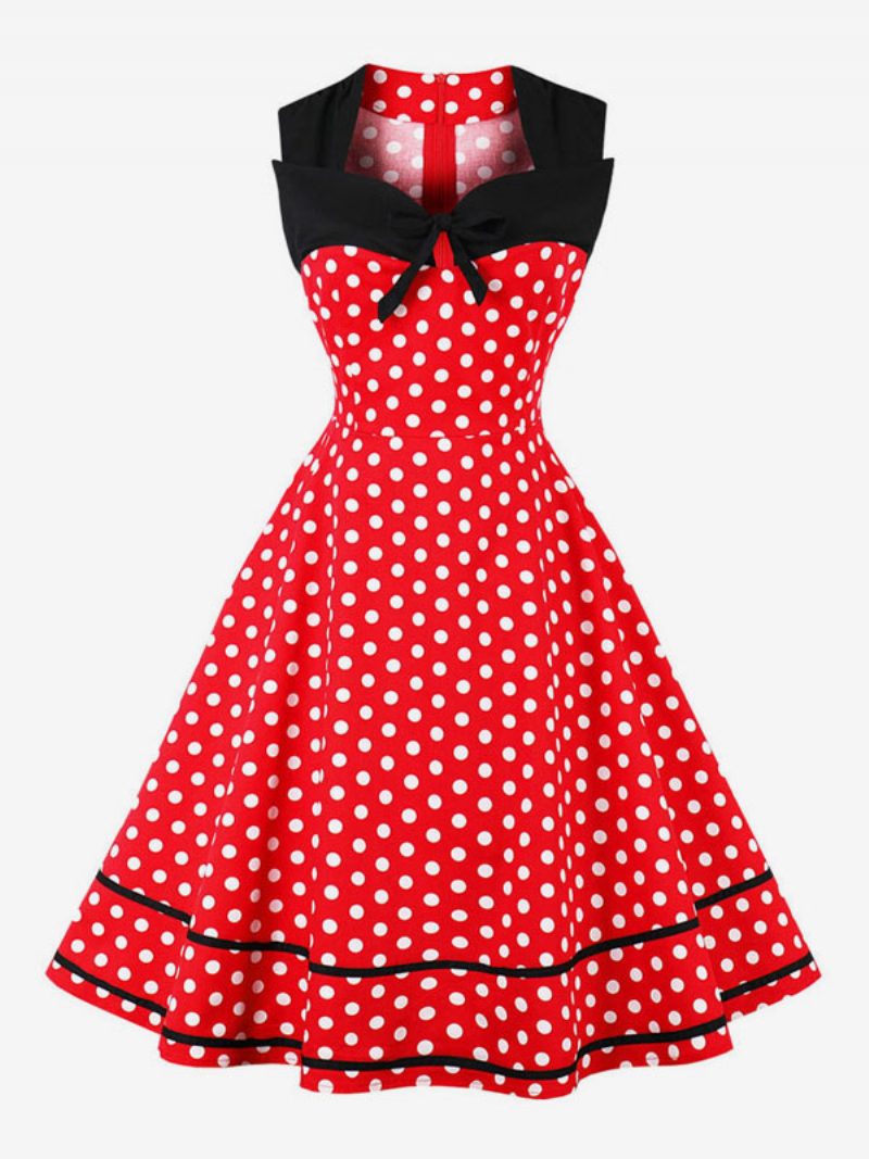 Damen Vintage-kleid Gepunktet Schleifen Herzförmig Ärmellos Swing-sommerkleid - Türrot