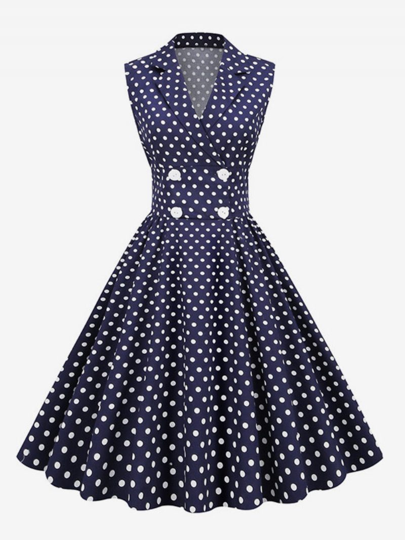 Damen-vintage-kleid Im Audrey Hepburn-stil Der 1950er Jahre Ärmelloses Gepunktetes Swing-kleid Mit V-ausschnitt - Dunkles Marineblau