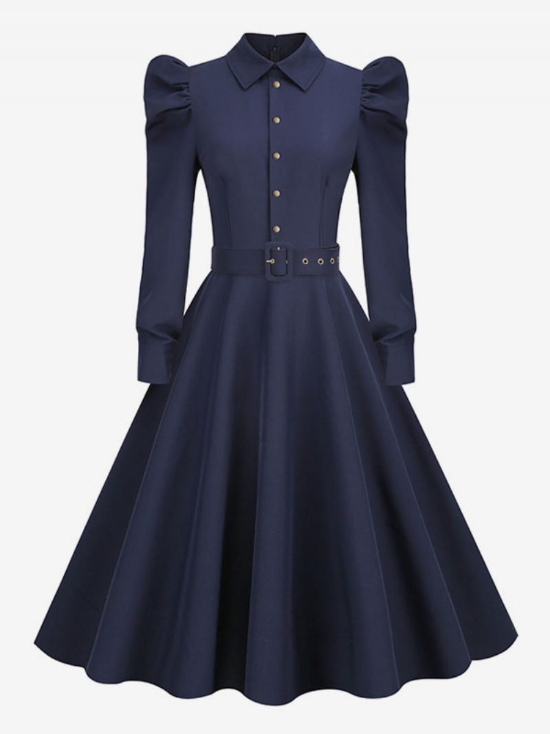 Damen-vintage-kleid Im Audrey-hepburn-stil Der 1950er Jahre Dunkles Marineblau Lange Ärmel Umlegekragen Rockabilly-kleid