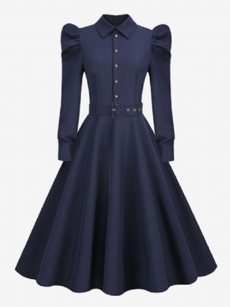 Damen-vintage-kleid Im Audrey-hepburn-stil Der 1950er Jahre Dunkles Marineblau Lange Ärmel Umlegekragen Rockabilly-kleid