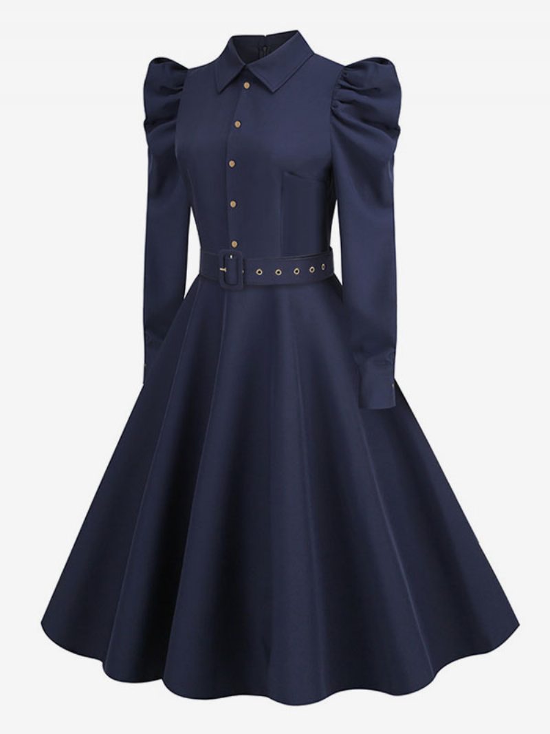 Damen-vintage-kleid Im Audrey-hepburn-stil Der 1950er Jahre Dunkles Marineblau Lange Ärmel Umlegekragen Rockabilly-kleid - Dunkles Marineblau